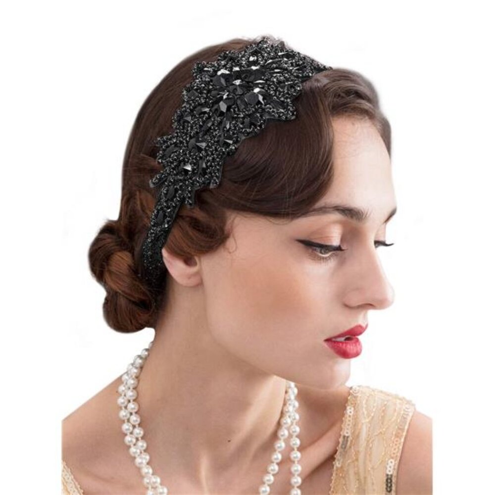 Black Rhinestone Flapper Headband-Elastic 1920s Headpiece, Great Gatsby